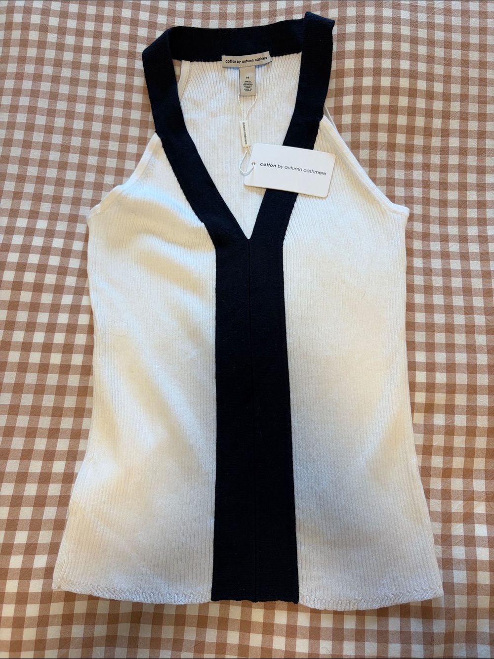 Autumn Cashmere White Ribbed V-Neck Tank with Black Trim